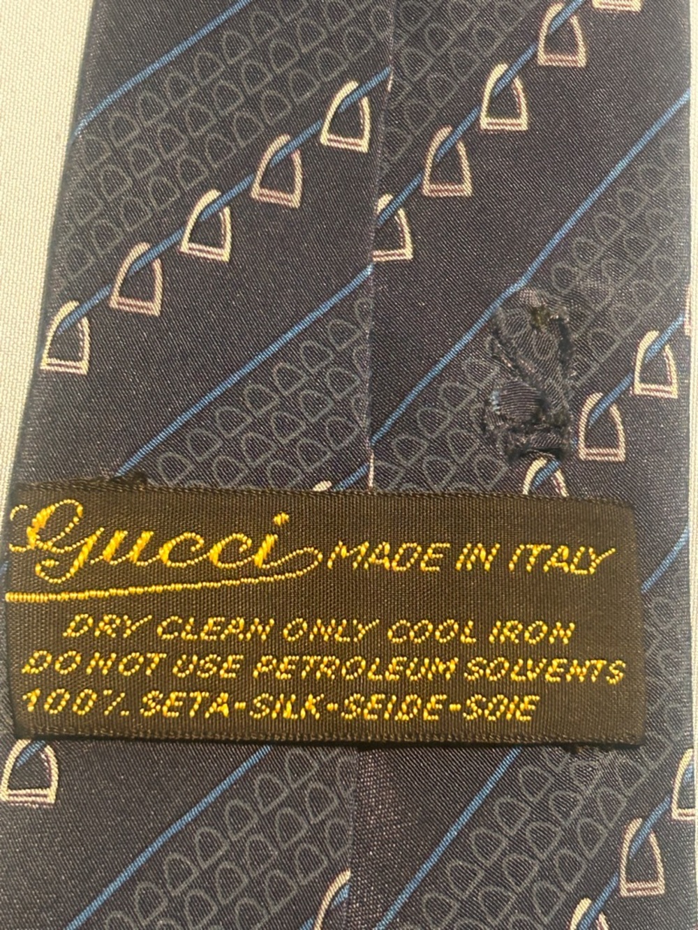 Gucci Black Tie with Blue Stripes and Gold Motif - Picture 4 of 4
